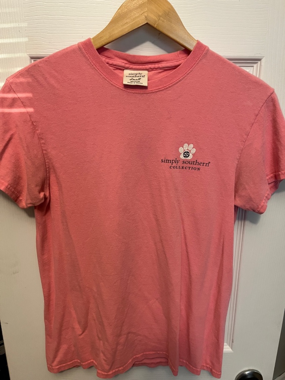Simply Southern Coral Pink Tee with Small Chest Logo
